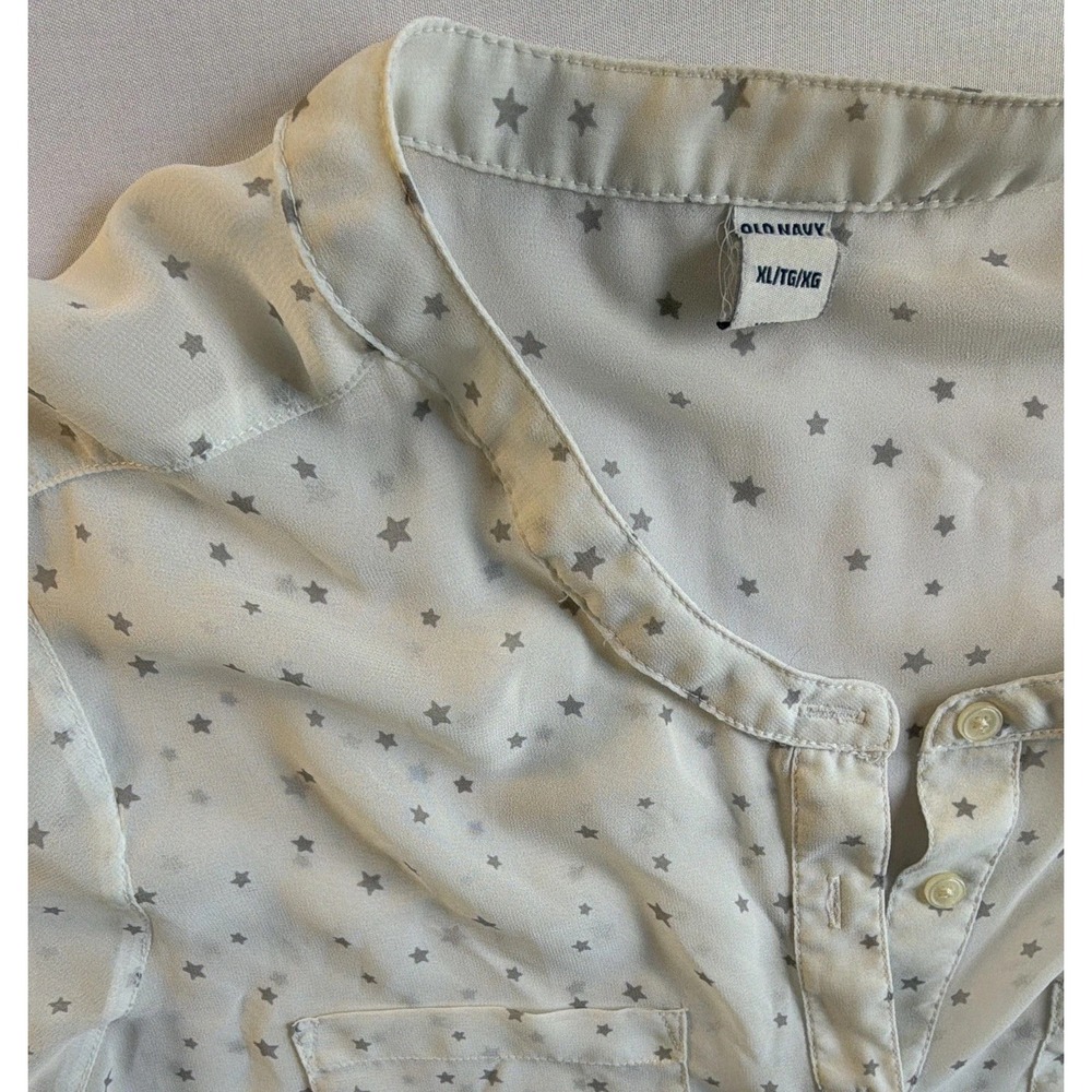 Old Navy Women's White/Gray Sheer Star Print Henley Long Sleeve Blouse XL